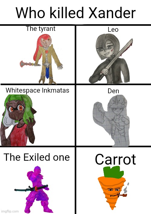 Put your detective skills to the test | Who killed Xander; The tyrant; Leo; Whitespace Inkmatas; Den; The Exiled one; Carrot | made w/ Imgflip meme maker