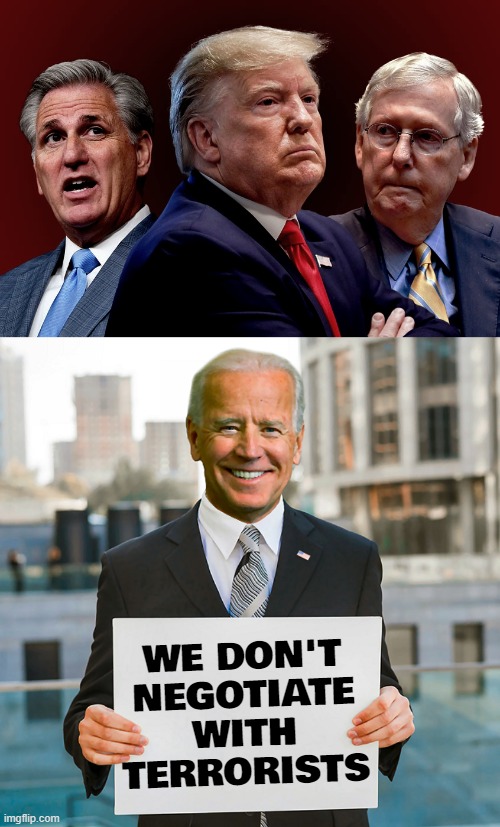 dont negotiate... | WE DON'T
NEGOTIATE
WITH
TERRORISTS | image tagged in mccarthy trump mcconnell evil bad for america,joe biden blank sign | made w/ Imgflip meme maker