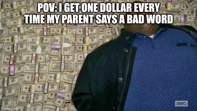hi | POV: I GET ONE DOLLAR EVERY TIME MY PARENT SAYS A BAD WORD | image tagged in huell money | made w/ Imgflip meme maker