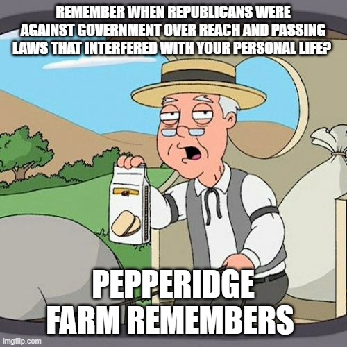 Pepperidge Farm Remembers Meme | REMEMBER WHEN REPUBLICANS WERE AGAINST GOVERNMENT OVER REACH AND PASSING LAWS THAT INTERFERED WITH YOUR PERSONAL LIFE? PEPPERIDGE FARM REMEM | image tagged in memes,pepperidge farm remembers | made w/ Imgflip meme maker