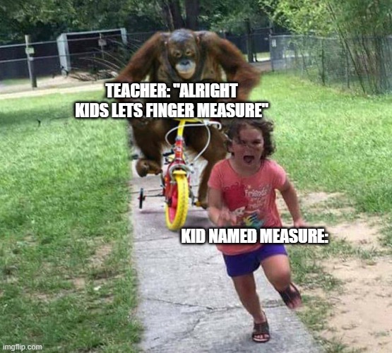 Poor measure | TEACHER: "ALRIGHT KIDS LETS FINGER MEASURE"; KID NAMED MEASURE: | image tagged in run | made w/ Imgflip meme maker