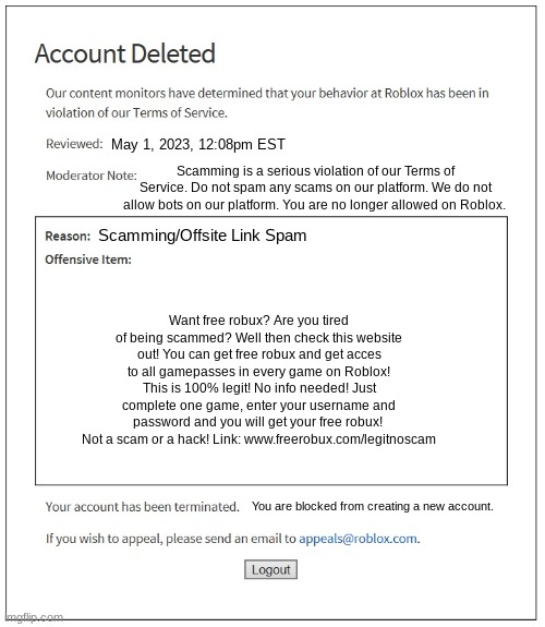 scam bot get banned from roblox - Imgflip