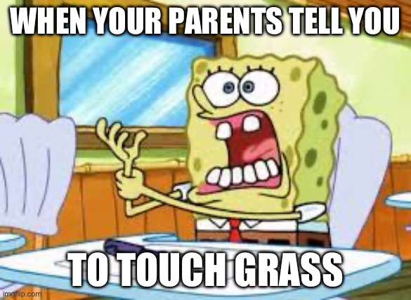 Touch grass | WHEN YOUR PARENTS TELL YOU; TO TOUCH GRASS | image tagged in spongebob hand cramp | made w/ Imgflip meme maker