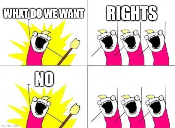 sad | WHAT DO WE WANT; RIGHTS; NO | image tagged in memes,what do we want | made w/ Imgflip meme maker