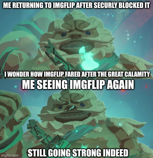 ME RETURNING TO IMGFLIP AFTER SECURLY BLOCKED IT; I WONDER HOW IMGFLIP FARED AFTER THE GREAT CALAMITY; ME SEEING IMGFLIP AGAIN; STILL GOING STRONG INDEED | image tagged in daruk | made w/ Imgflip meme maker