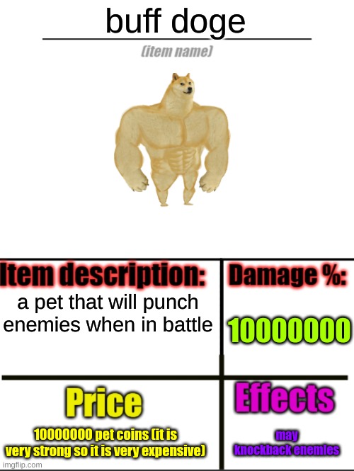 buff doge | buff doge; a pet that will punch enemies when in battle; 10000000; 10000000 pet coins (it is very strong so it is very expensive); may knockback enemies | image tagged in item-shop extended | made w/ Imgflip meme maker