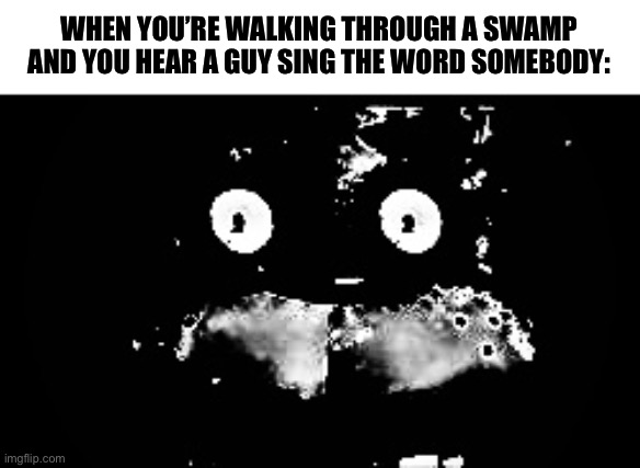 He’s coming. | WHEN YOU’RE WALKING THROUGH A SWAMP AND YOU HEAR A GUY SING THE WORD SOMEBODY: | image tagged in freddy traumatized,shrek | made w/ Imgflip meme maker