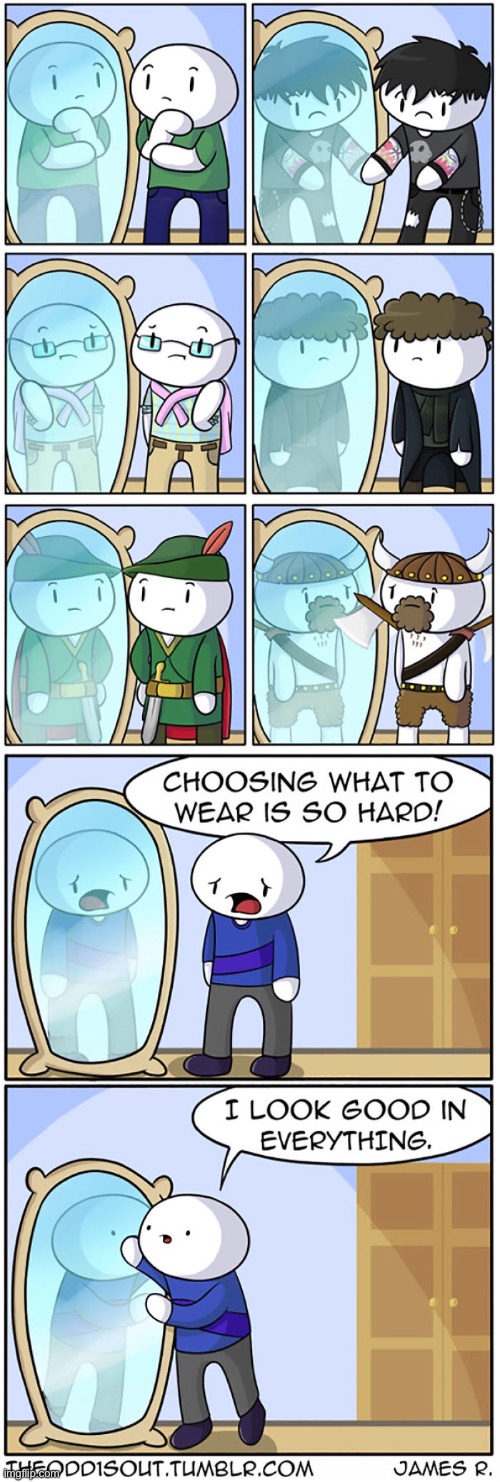 #955 | image tagged in theodd1sout,clothes,comics,comics/cartoons,mirror,people | made w/ Imgflip meme maker