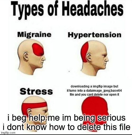 PLEASE i beg | downloading a imgflip image but it turns into a dataimage_jpeg;base64 file and you cant delete nor open it; i beg help me im being serious i dont know how to delete this file | image tagged in types of headaches meme | made w/ Imgflip meme maker