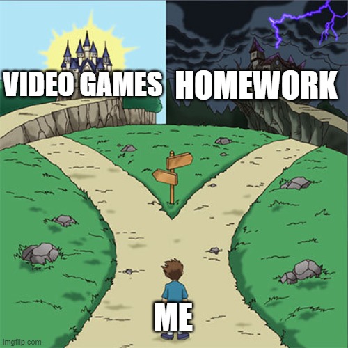 Very true | HOMEWORK; VIDEO GAMES; ME | image tagged in two paths | made w/ Imgflip meme maker
