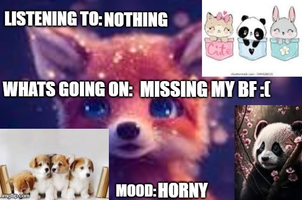 cute | NOTHING; MISSING MY BF :(; HORNY | image tagged in cute | made w/ Imgflip meme maker