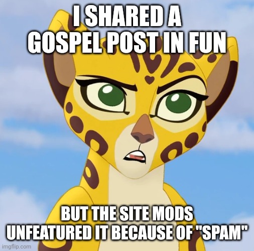 Guess I'm getting a taste of persecution | I SHARED A GOSPEL POST IN FUN; BUT THE SITE MODS UNFEATURED IT BECAUSE OF "SPAM" | image tagged in confused fuli,gospel | made w/ Imgflip meme maker