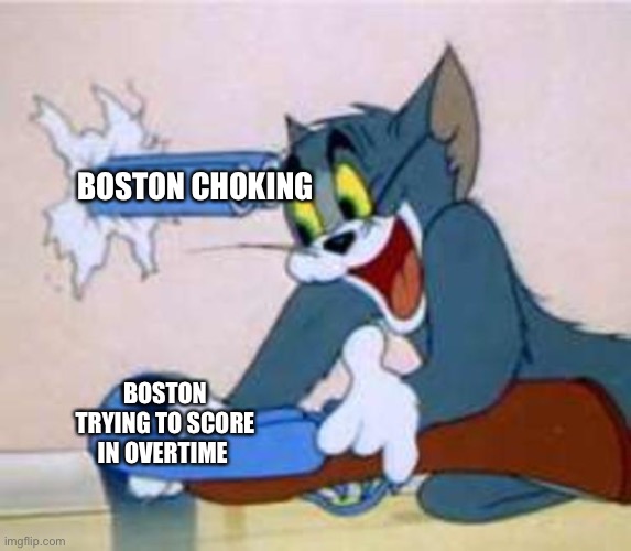 What the hell Boston | BOSTON CHOKING; BOSTON TRYING TO SCORE IN OVERTIME | image tagged in tom the cat shooting himself,funny memes,dank memes | made w/ Imgflip meme maker
