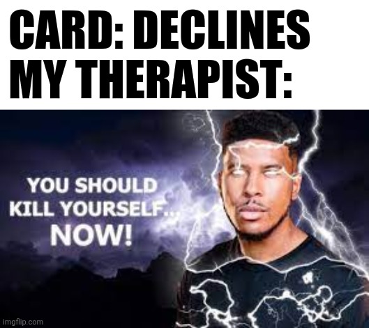 You Should Kill Yourself NOW! | CARD: DECLINES
MY THERAPIST: | image tagged in you should kill yourself now | made w/ Imgflip meme maker