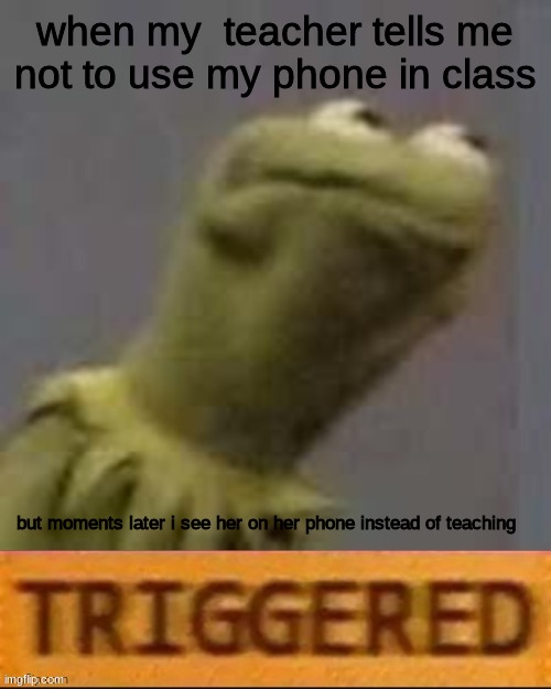 bruh | when my  teacher tells me not to use my phone in class; but moments later i see her on her phone instead of teaching | image tagged in kermit triggered | made w/ Imgflip meme maker