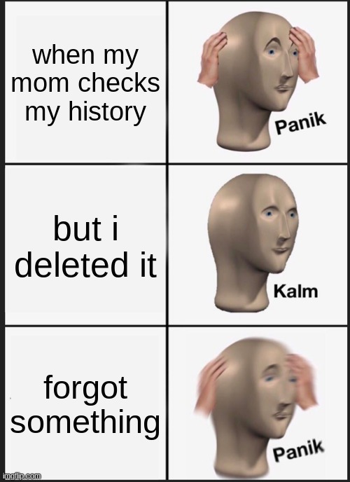 Panik Kalm Panik Meme | when my mom checks my history; but i deleted it; forgot something | image tagged in memes,panik kalm panik | made w/ Imgflip meme maker