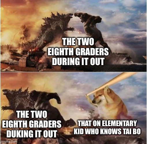 Kong Godzilla Doge | THE TWO EIGHTH GRADERS DURING IT OUT; THE TWO EIGHTH GRADERS DUKING IT OUT; THAT ON ELEMENTARY KID WHO KNOWS TAI BO | image tagged in kong godzilla doge | made w/ Imgflip meme maker