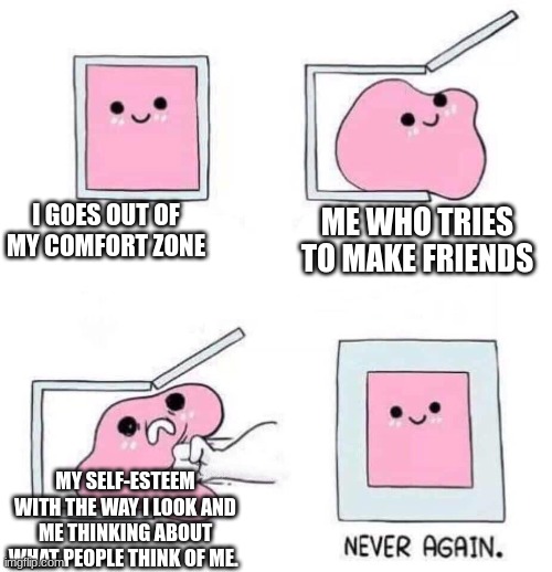 this is why i dont talk to people. | I GOES OUT OF MY COMFORT ZONE; ME WHO TRIES TO MAKE FRIENDS; MY SELF-ESTEEM WITH THE WAY I LOOK AND ME THINKING ABOUT WHAT PEOPLE THINK OF ME. | image tagged in never again | made w/ Imgflip meme maker