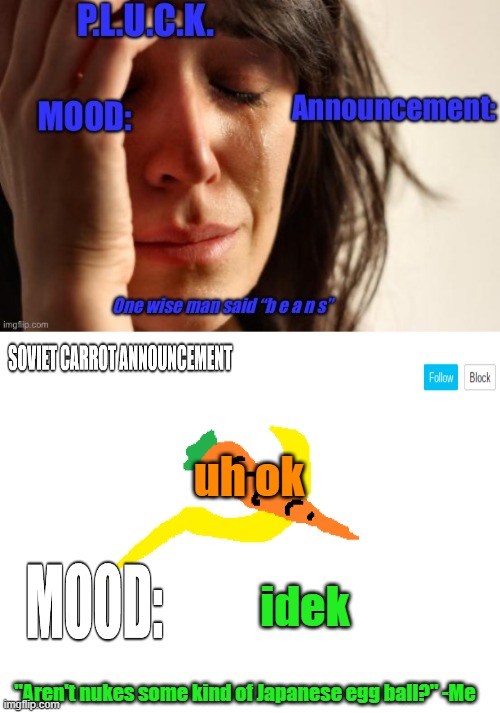 P.L.U.C.K. and soviet-carrot/CommunityModerator12 announcements | uh ok; idek | image tagged in p l u c k and soviet-carrot/communitymoderator12 announcements | made w/ Imgflip meme maker