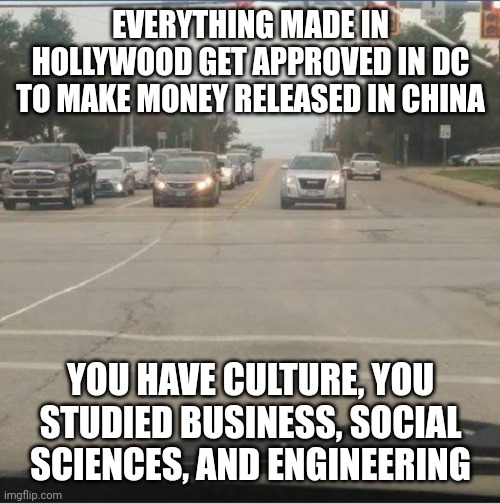 Stay in your lane | EVERYTHING MADE IN HOLLYWOOD GET APPROVED IN DC TO MAKE MONEY RELEASED IN CHINA; YOU HAVE CULTURE, YOU STUDIED BUSINESS, SOCIAL SCIENCES, AND ENGINEERING | image tagged in stay in your lane | made w/ Imgflip meme maker