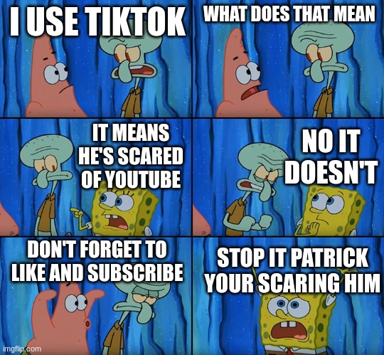 Stop it, Patrick! You're Scaring Him! | I USE TIKTOK; WHAT DOES THAT MEAN; NO IT DOESN'T; IT MEANS HE'S SCARED OF YOUTUBE; DON'T FORGET TO LIKE AND SUBSCRIBE; STOP IT PATRICK YOUR SCARING HIM | image tagged in stop it patrick you're scaring him | made w/ Imgflip meme maker