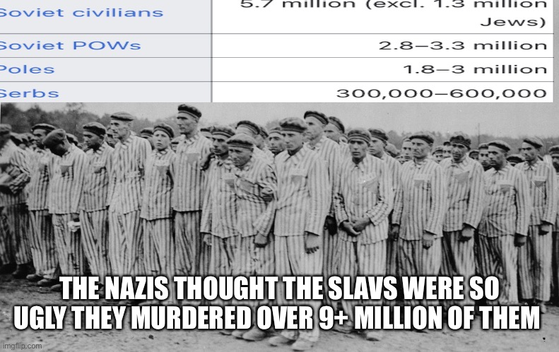 The Nazis Tried To Extermimate Millions of Slavs because they viewed them as ugly and subhuman | THE NAZIS THOUGHT THE SLAVS WERE SO UGLY THEY MURDERED OVER 9+ MILLION OF THEM | image tagged in nazi,nazis,slavs,slavic,holocaust,ugly | made w/ Imgflip meme maker