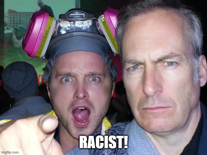 Aaron Paul points at you with Bob Odenkirk staring at you | RACIST! | image tagged in aaron paul points at you with bob odenkirk staring at you | made w/ Imgflip meme maker