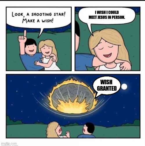 Look, a shooting star! | I WISH I COULD MEET JESUS IN PERSON. WISH 
GRANTED | image tagged in look a shooting star | made w/ Imgflip meme maker