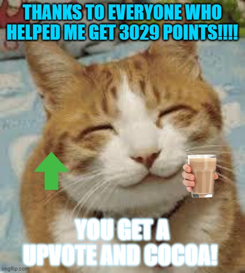 Happy cat | THANKS TO EVERYONE WHO HELPED ME GET 3029 POINTS!!!! YOU GET A UPVOTE AND COCOA! | image tagged in happy cat | made w/ Imgflip meme maker