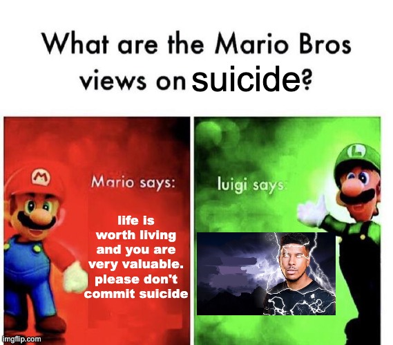 fr | suicide; life is worth living and you are very valuable. please don't commit suicide | image tagged in mario bros views | made w/ Imgflip meme maker