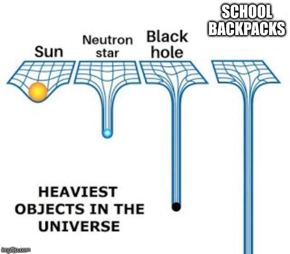 NNNNNNNNGH | SCHOOL BACKPACKS | image tagged in heaviest objects in the universe | made w/ Imgflip meme maker