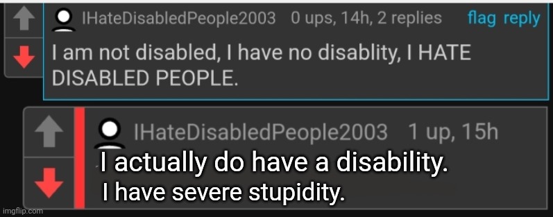I actually do have a disability. I have severe stupidity. | made w/ Imgflip meme maker