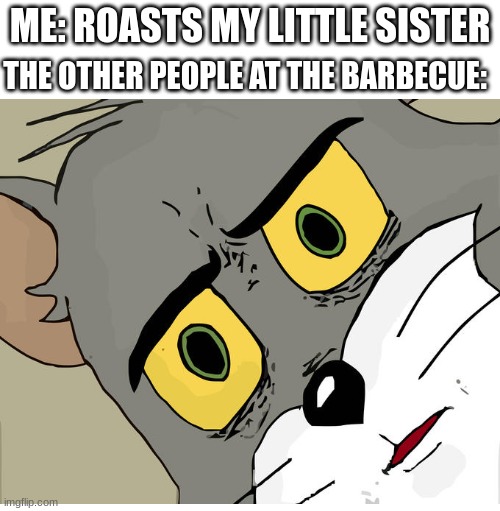 0-0 | THE OTHER PEOPLE AT THE BARBECUE:; ME: ROASTS MY LITTLE SISTER | image tagged in memes,unsettled tom | made w/ Imgflip meme maker