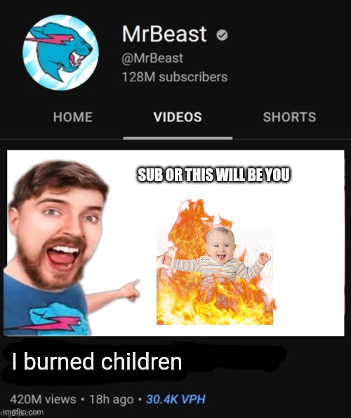 Mr Beast >:) | SUB OR THIS WILL BE YOU; I burned children | image tagged in mrbeast thumbnail template | made w/ Imgflip meme maker