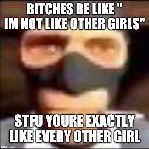 spi | BITCHES BE LIKE " IM NOT LIKE OTHER GIRLS"; STFU YOURE EXACTLY LIKE EVERY OTHER GIRL | image tagged in spi | made w/ Imgflip meme maker