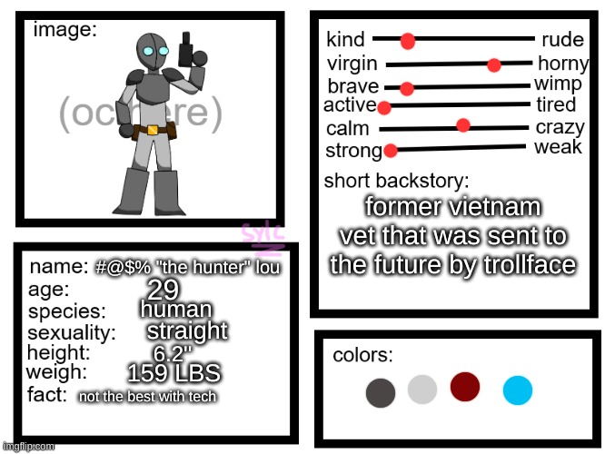 The hunter i guess | former vietnam vet that was sent to the future by trollface; #@$% "the hunter" lou; 29; human; straight; 6.2''; 159 LBS; not the best with tech | image tagged in oc list thing by sylcmori | made w/ Imgflip meme maker