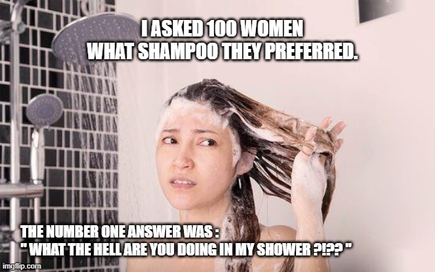 What Shampoo Do You Prefer | I ASKED 100 WOMEN
WHAT SHAMPOO THEY PREFERRED. THE NUMBER ONE ANSWER WAS :  
" WHAT THE HELL ARE YOU DOING IN MY SHOWER ?!?? " | image tagged in shampoo | made w/ Imgflip meme maker