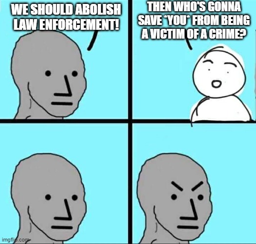 Specifically You Of All People | THEN WHO'S GONNA SAVE *YOU* FROM BEING A VICTIM OF A CRIME? WE SHOULD ABOLISH LAW ENFORCEMENT! | image tagged in npc meme | made w/ Imgflip meme maker