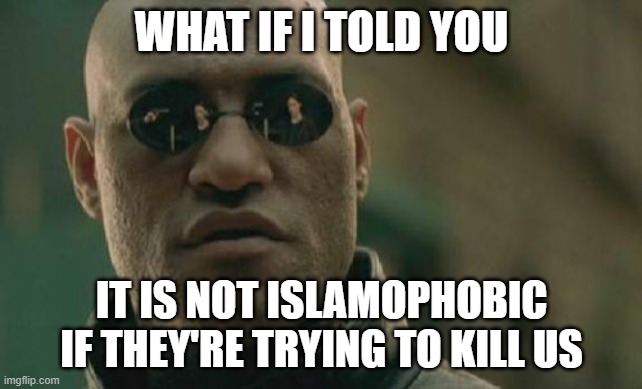 A Religion of "Peace" They Say | WHAT IF I TOLD YOU; IT IS NOT ISLAMOPHOBIC IF THEY'RE TRYING TO KILL US | image tagged in memes,matrix morpheus | made w/ Imgflip meme maker