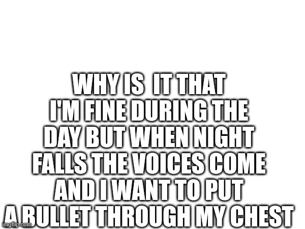 WHY IS  IT THAT I'M FINE DURING THE DAY BUT WHEN NIGHT FALLS THE VOICES COME AND I WANT TO PUT A BULLET THROUGH MY CHEST | made w/ Imgflip meme maker