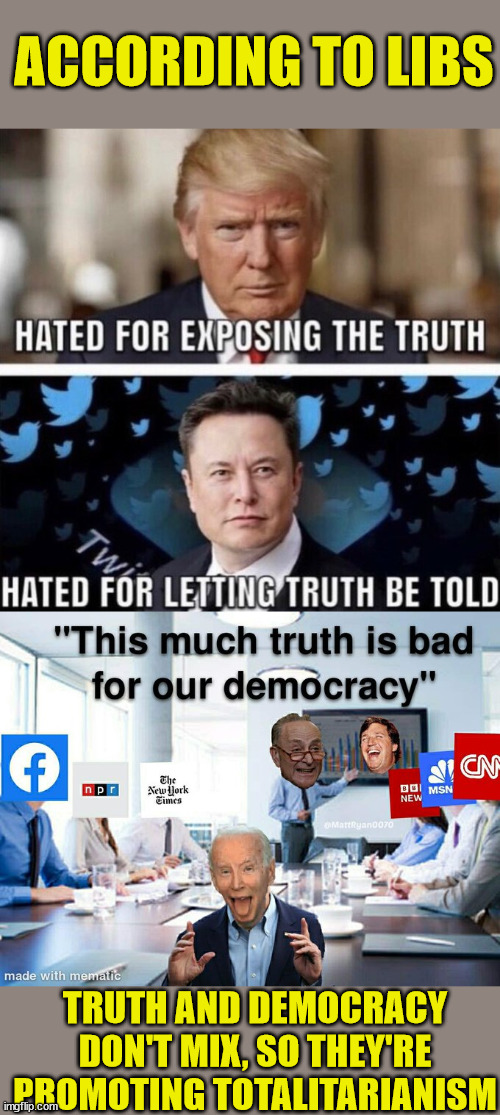 Democrats are pushing for totalitarianism because truth and democracy don't mix... | ACCORDING TO LIBS; TRUTH AND DEMOCRACY DON'T MIX, SO THEY'RE PROMOTING TOTALITARIANISM | image tagged in truth,democracy,democrat,dictator | made w/ Imgflip meme maker