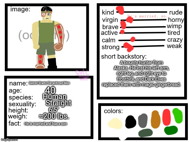 He has a son and is married, so... technically not a virgin | He's married, so... A bounty hunter from Alaska. He lost his left arm, right leg, and right eye to frostbite, and Dark Elves replaced them with magic gingerbread. Gabriel Stantz/Gingerbread Man; 40; Human; Straight; 6'5"; ≈200 lbs. He is married and has a son | image tagged in oc list thing by sylcmori | made w/ Imgflip meme maker