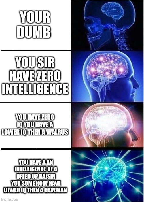 Which one's better | YOUR DUMB; YOU SIR HAVE ZERO INTELLIGENCE; YOU HAVE ZERO IQ YOU HAVE A LOWER IQ THEN A WALRUS; YOU HAVE A AN INTELLIGENCE OF A DRIED UP RAISIN YOU SOME HOW HAVE LOWER IQ THEN A CAVEMAN | image tagged in memes,expanding brain | made w/ Imgflip meme maker