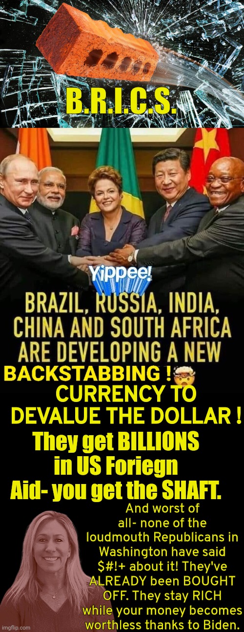 BRICS Backstabbers | B.R.I.C.S. CURRENCY TO DEVALUE THE DOLLAR ! They get BILLIONS in US Foriegn Aid- you get the SHAFT. And worst of all- none of the loudmouth Republicans in Washington have said $#!+ about it! They've ALREADY been BOUGHT OFF. They stay RICH while your money becomes worthless thanks to Biden. | image tagged in brick thru window,black box | made w/ Imgflip meme maker