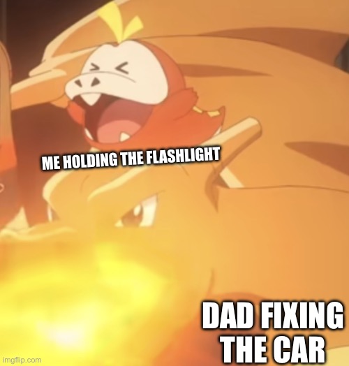 Just watched Horizons, it’s amazing and so many potential meme templates | ME HOLDING THE FLASHLIGHT; DAD FIXING THE CAR | image tagged in feucoco helping charizard,pokemon horizons,pokemon | made w/ Imgflip meme maker