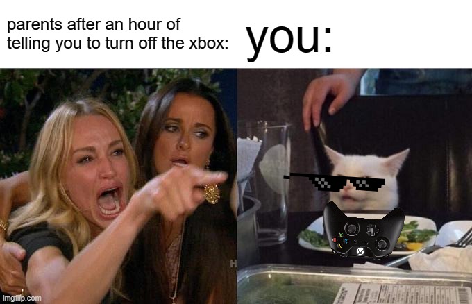 Woman Yelling At Cat Meme | parents after an hour of telling you to turn off the xbox:; you: | image tagged in memes,woman yelling at cat | made w/ Imgflip meme maker