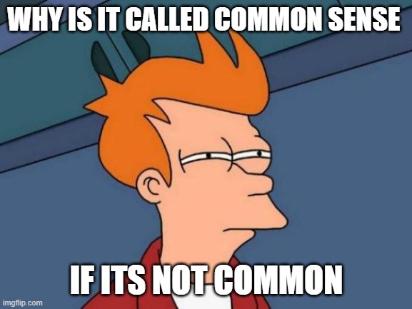 deep thought | WHY IS IT CALLED COMMON SENSE; IF ITS NOT COMMON | image tagged in memes,futurama fry | made w/ Imgflip meme maker