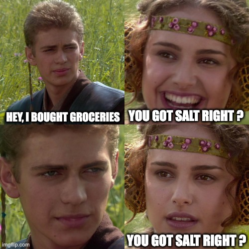 Everytime I buy groceries | HEY, I BOUGHT GROCERIES; YOU GOT SALT RIGHT ? YOU GOT SALT RIGHT ? | image tagged in anakin padme 4 panel | made w/ Imgflip meme maker