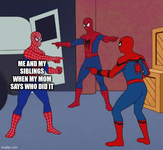 Spider Man Triple | ME AND MY SIBLINGS WHEN MY MOM SAYS WHO DID IT | image tagged in spider man triple | made w/ Imgflip meme maker