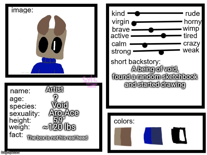 Here ya go | A being of void, found a random sketchbook and started drawing; Artist; ? Void; Aro-Ace; 5'9"; ~120 lbs; The box is not his real head | image tagged in oc list thing by sylcmori | made w/ Imgflip meme maker